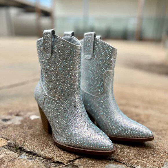 New Silver Rhinestone Embellished Cowgirl Western Ankle Boots Booties Block Heel - Picture 6 of 7